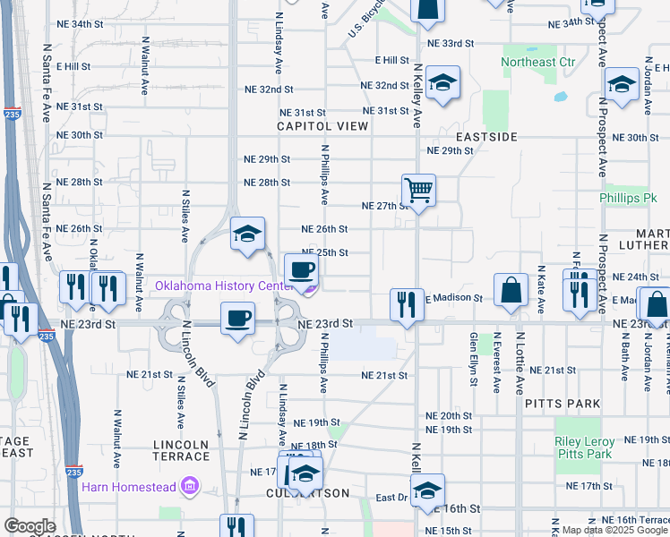 map of restaurants, bars, coffee shops, grocery stores, and more near 805 Northeast 25th Street in Oklahoma City