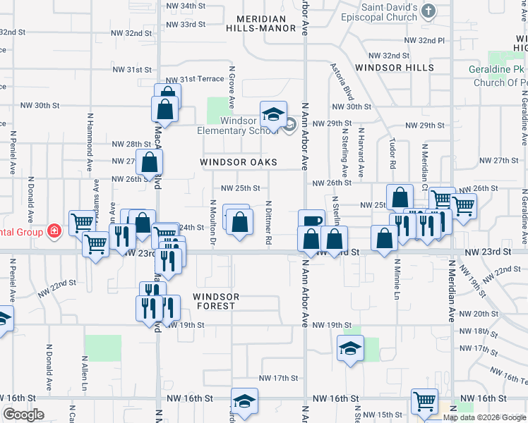 map of restaurants, bars, coffee shops, grocery stores, and more near 2509 North Ditmer Road in Oklahoma City