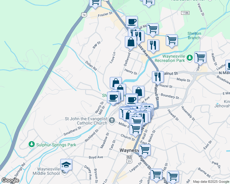 map of restaurants, bars, coffee shops, grocery stores, and more near 1 Love Lane in Waynesville