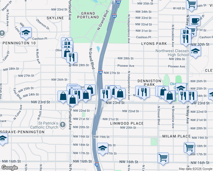 map of restaurants, bars, coffee shops, grocery stores, and more near 3424 Northwest 26th Street in Oklahoma City