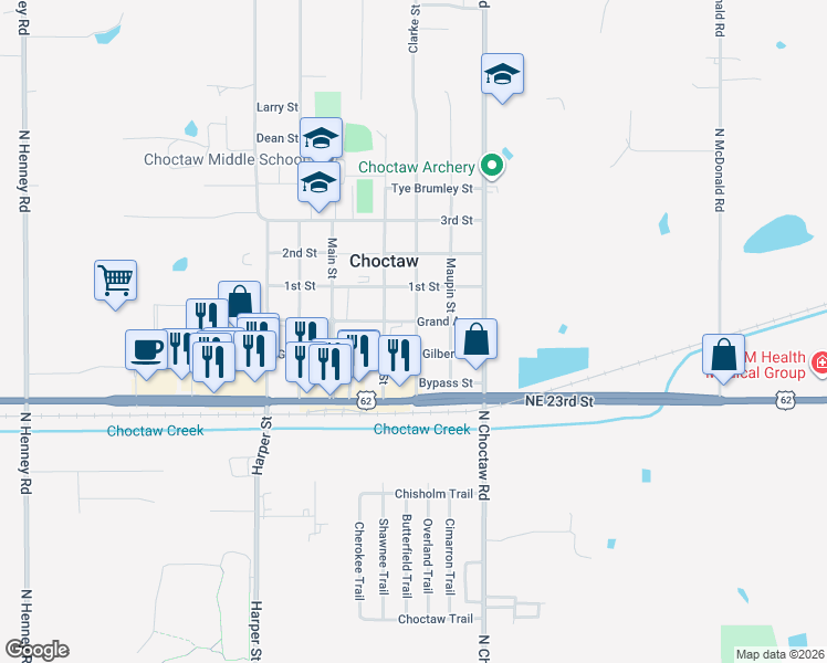 map of restaurants, bars, coffee shops, grocery stores, and more near 2595 Clarke Street in Choctaw