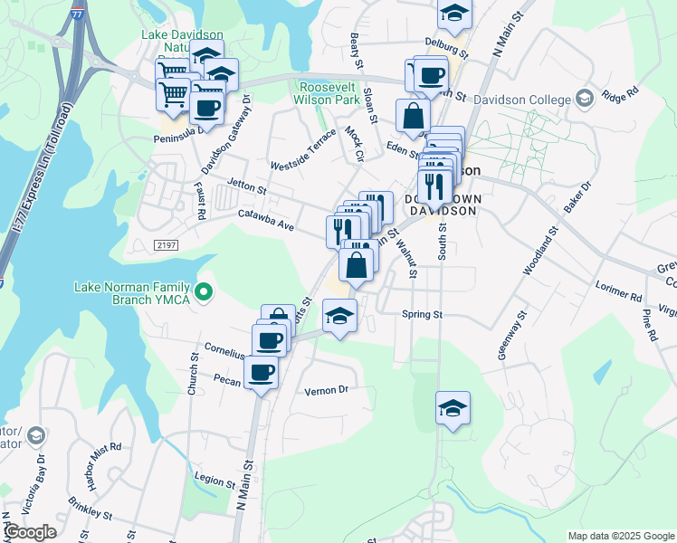 map of restaurants, bars, coffee shops, grocery stores, and more near 718 Cotton Gin Alley in Davidson