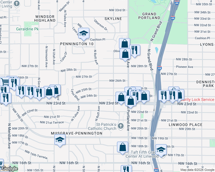 map of restaurants, bars, coffee shops, grocery stores, and more near 3817 Northwest 25th Street in Oklahoma City