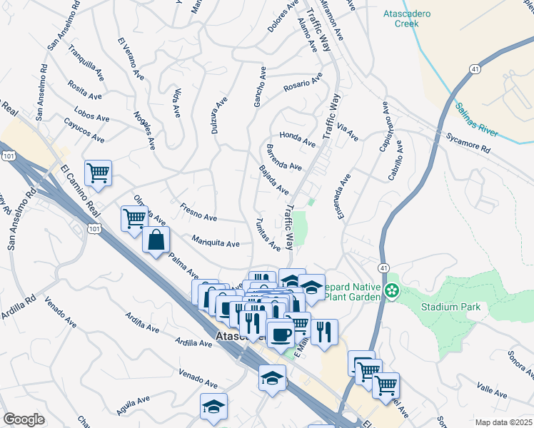 map of restaurants, bars, coffee shops, grocery stores, and more near 5525 Tunitas Avenue in Atascadero
