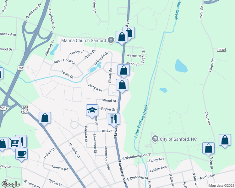 map of restaurants, bars, coffee shops, grocery stores, and more near 1121 Hawkins Avenue in Sanford