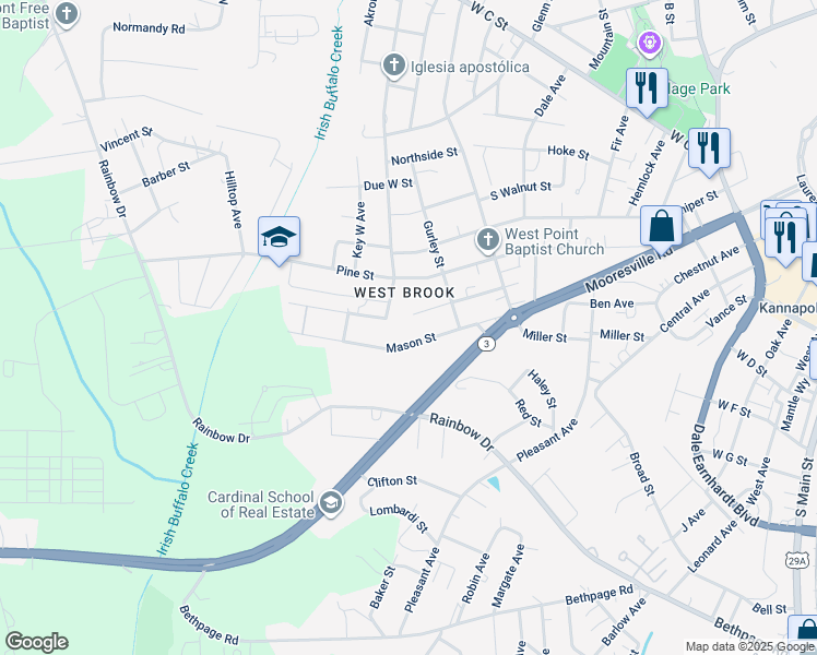 map of restaurants, bars, coffee shops, grocery stores, and more near Birch Street in Kannapolis