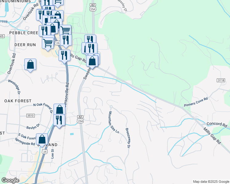 map of restaurants, bars, coffee shops, grocery stores, and more near 127 Alpine Ridge Drive in Asheville