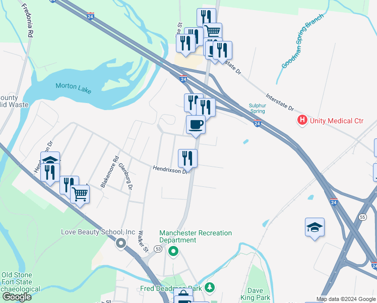 map of restaurants, bars, coffee shops, grocery stores, and more near 603 Woodbury Highway in Manchester