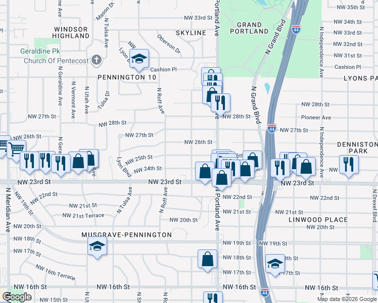 map of restaurants, bars, coffee shops, grocery stores, and more near 3740 Northwest 26th Street in Oklahoma City