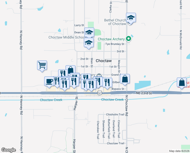 map of restaurants, bars, coffee shops, grocery stores, and more near 14710 Grand Avenue in Choctaw