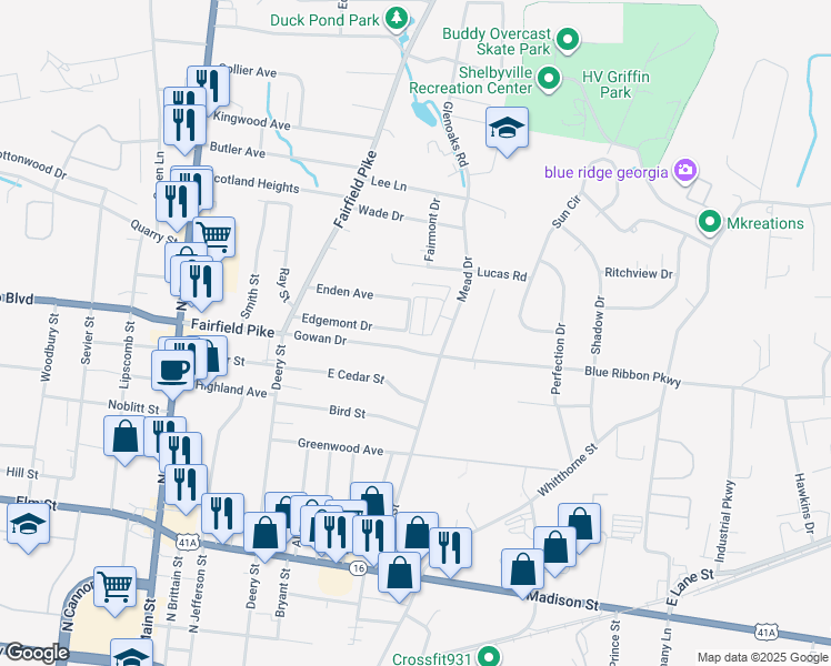 map of restaurants, bars, coffee shops, grocery stores, and more near 128 Enden Avenue in Shelbyville