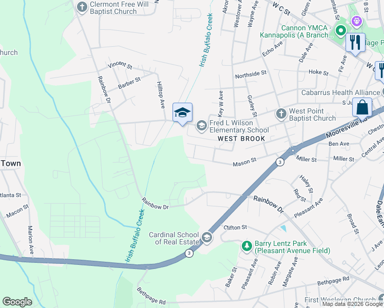 map of restaurants, bars, coffee shops, grocery stores, and more near 1413 Birch Street in Kannapolis