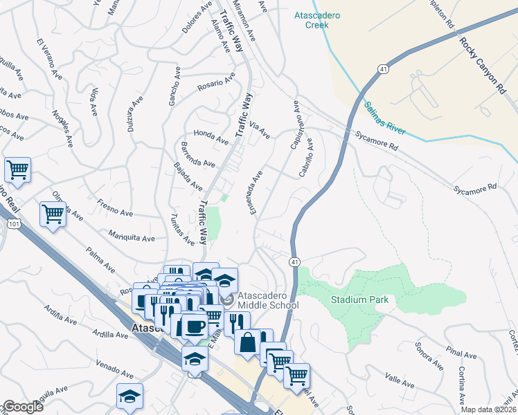 map of restaurants, bars, coffee shops, grocery stores, and more near 5440 Capistrano Avenue in Atascadero