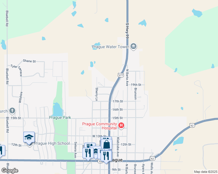 map of restaurants, bars, coffee shops, grocery stores, and more near 1901 North Jim Thorpe Boulevard in Prague