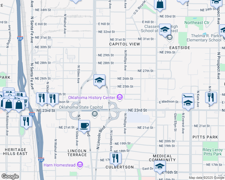 map of restaurants, bars, coffee shops, grocery stores, and more near 721 Northeast 25th Street in Oklahoma City
