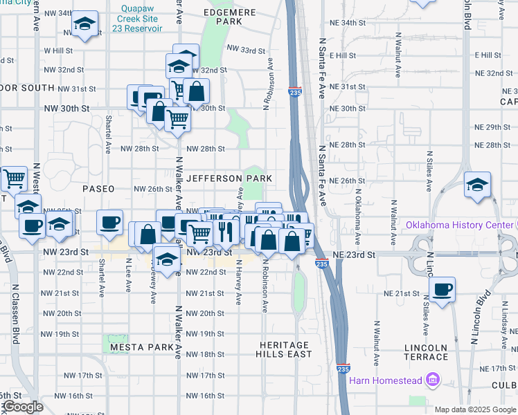map of restaurants, bars, coffee shops, grocery stores, and more near 2609 North Robinson Avenue in Oklahoma City