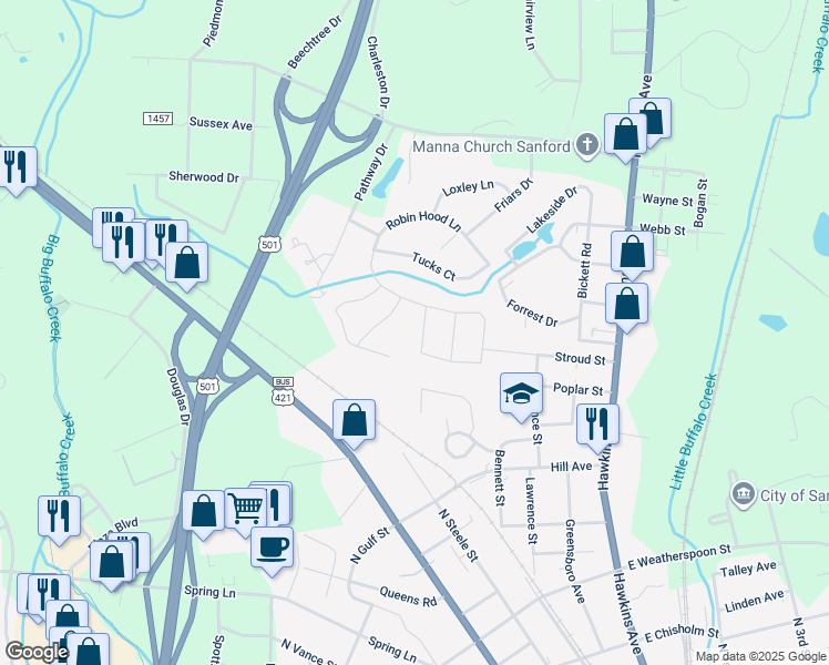 map of restaurants, bars, coffee shops, grocery stores, and more near 908 Little John Lane in Sanford