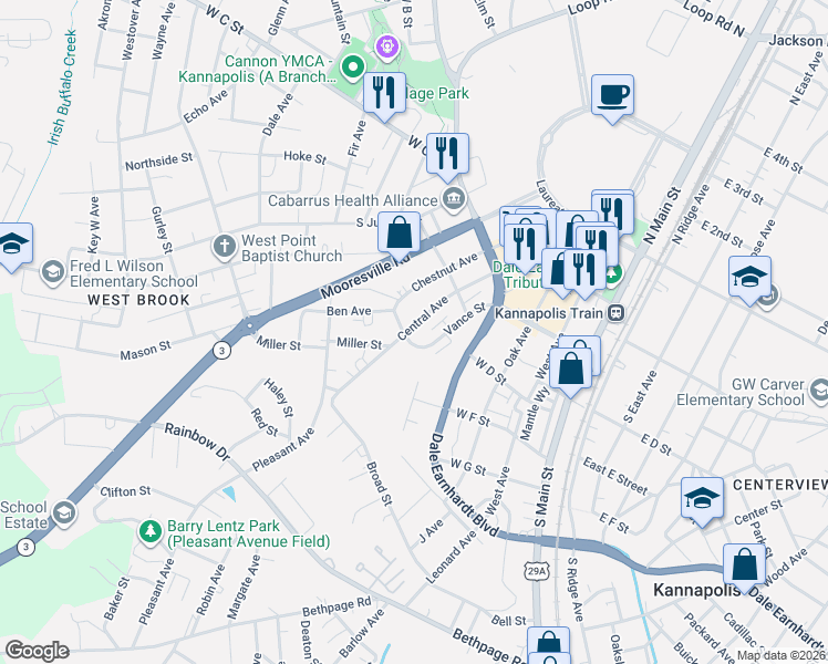 map of restaurants, bars, coffee shops, grocery stores, and more near 328 Central Avenue in Kannapolis