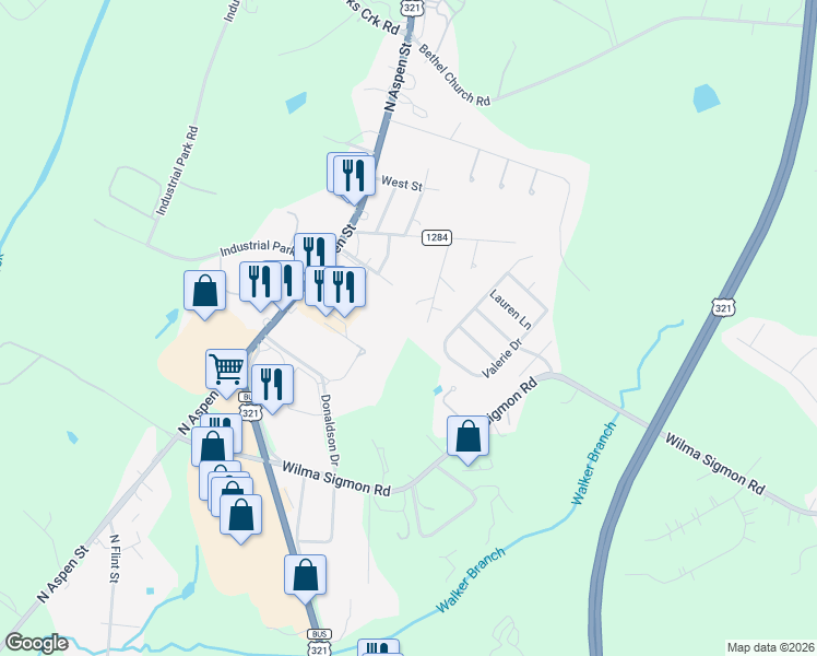 map of restaurants, bars, coffee shops, grocery stores, and more near 172 Shell Street in Lincolnton