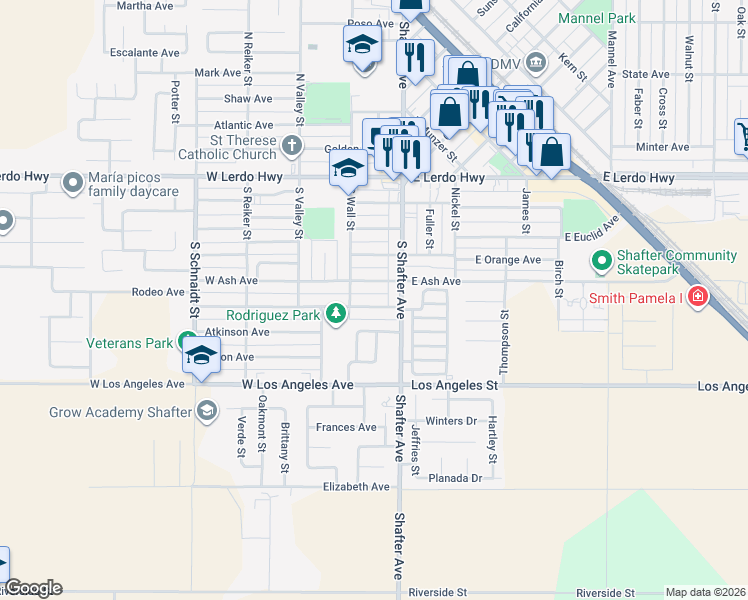 map of restaurants, bars, coffee shops, grocery stores, and more near 164 Rodriguez Avenue in Shafter