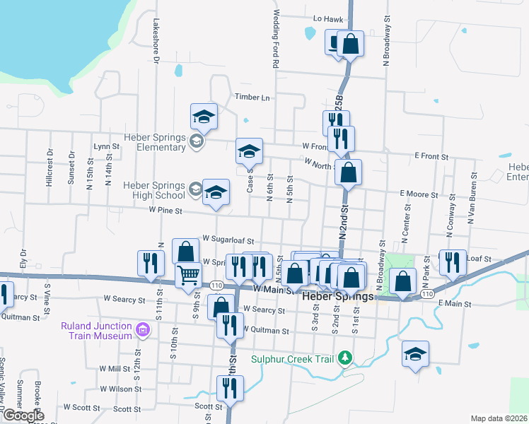map of restaurants, bars, coffee shops, grocery stores, and more near 408 North 5th Street in Heber Springs