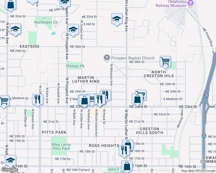 map of restaurants, bars, coffee shops, grocery stores, and more near 1845 Northeast 25th Street in Oklahoma City