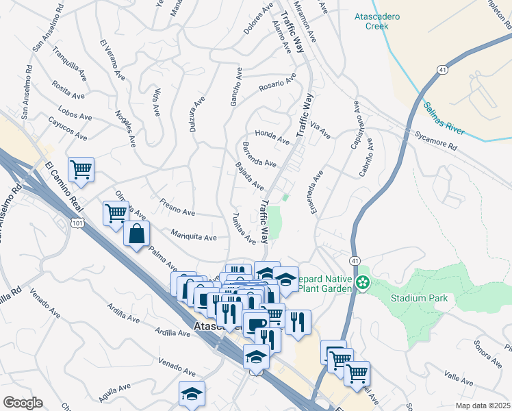map of restaurants, bars, coffee shops, grocery stores, and more near 5525 Tunitas Avenue in Atascadero