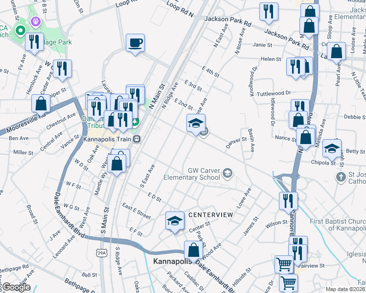 map of restaurants, bars, coffee shops, grocery stores, and more near 103 South Rose Avenue in Kannapolis