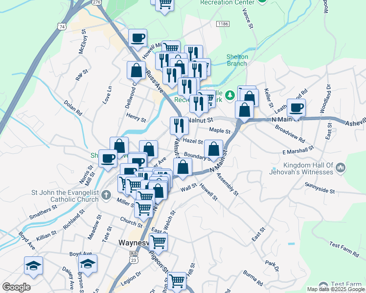 map of restaurants, bars, coffee shops, grocery stores, and more near 42 Hazel Street in Waynesville