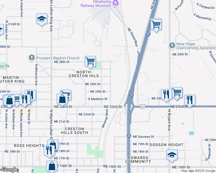 map of restaurants, bars, coffee shops, grocery stores, and more near 2417 Northeast 25th Street in Oklahoma City