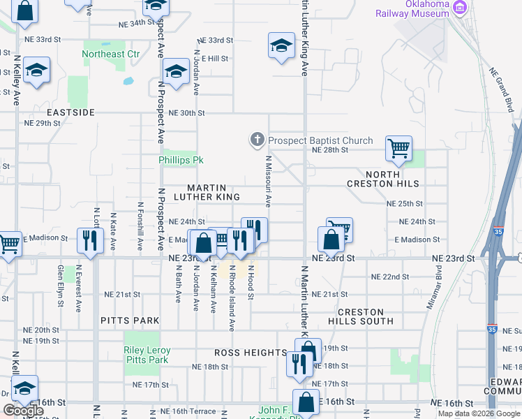 map of restaurants, bars, coffee shops, grocery stores, and more near 1845 Northeast 25th Street in Oklahoma City