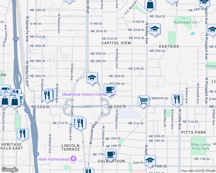 map of restaurants, bars, coffee shops, grocery stores, and more near 721 Northeast 25th Street in Oklahoma City