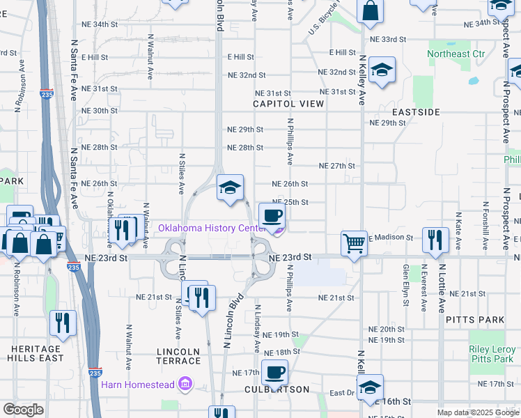 map of restaurants, bars, coffee shops, grocery stores, and more near 721 Northeast 25th Street in Oklahoma City