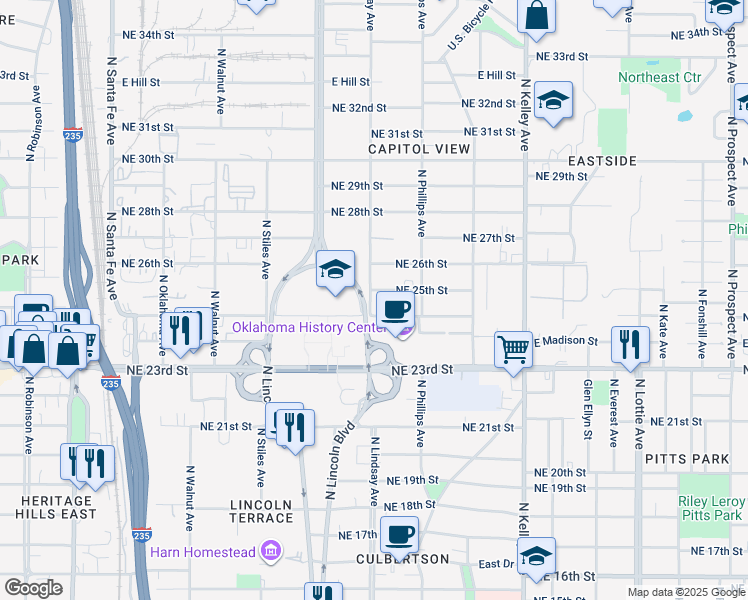 map of restaurants, bars, coffee shops, grocery stores, and more near 702 Northeast 25th Street in Oklahoma City