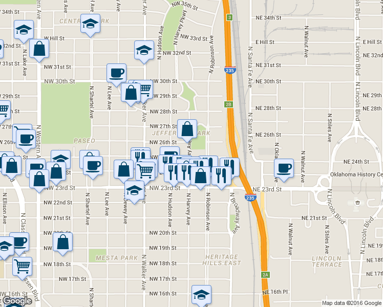 map of restaurants, bars, coffee shops, grocery stores, and more near 2609 North Robinson Avenue in Oklahoma City