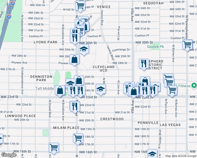 map of restaurants, bars, coffee shops, grocery stores, and more near 2705 Northwest 26th Street in Oklahoma City