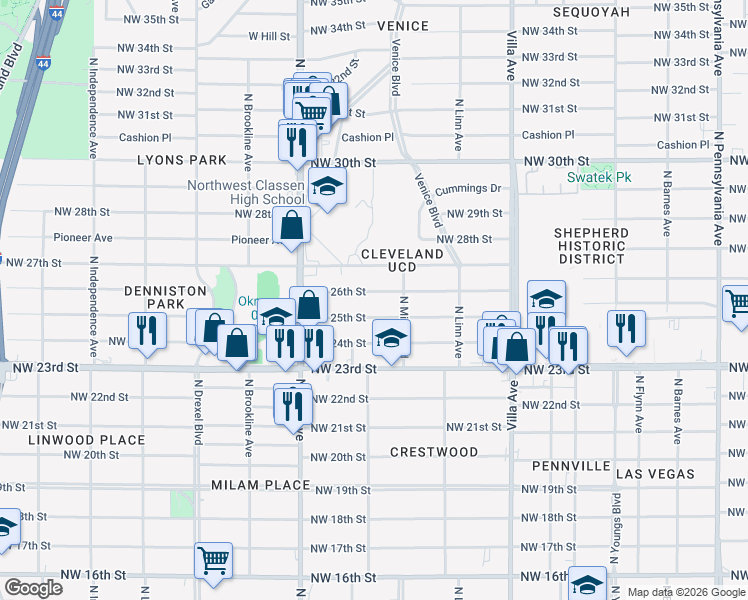 map of restaurants, bars, coffee shops, grocery stores, and more near 2737 Northwest 26th Street in Oklahoma City