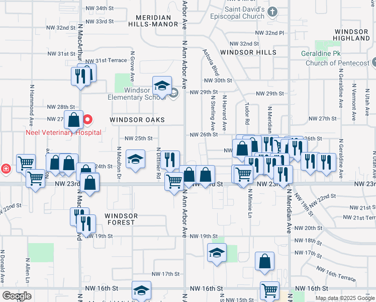 map of restaurants, bars, coffee shops, grocery stores, and more near 2620 North Ann Arbor Avenue in Oklahoma City