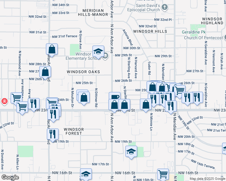 map of restaurants, bars, coffee shops, grocery stores, and more near 2620 North Ann Arbor Avenue in Oklahoma City