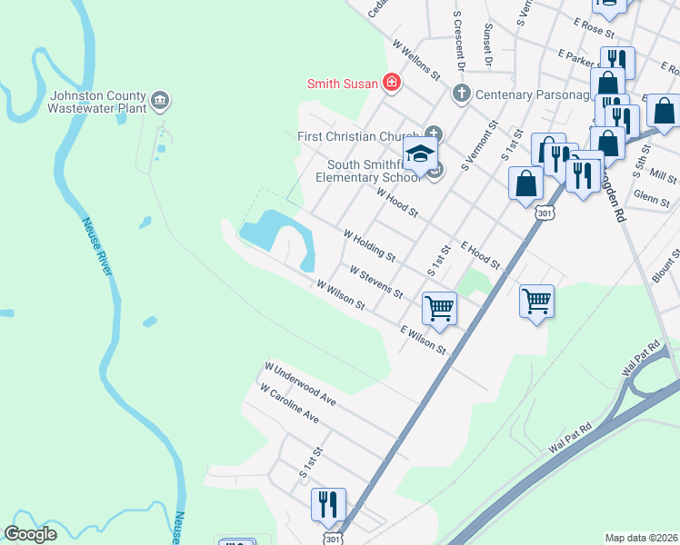 map of restaurants, bars, coffee shops, grocery stores, and more near 213 West Stevens Street in Smithfield