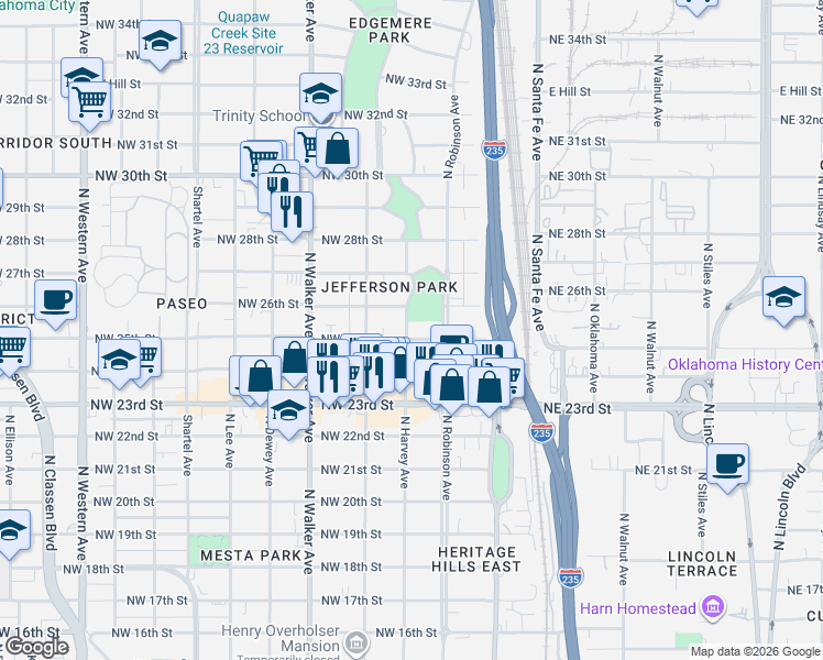 map of restaurants, bars, coffee shops, grocery stores, and more near 2609 North Robinson Avenue in Oklahoma City