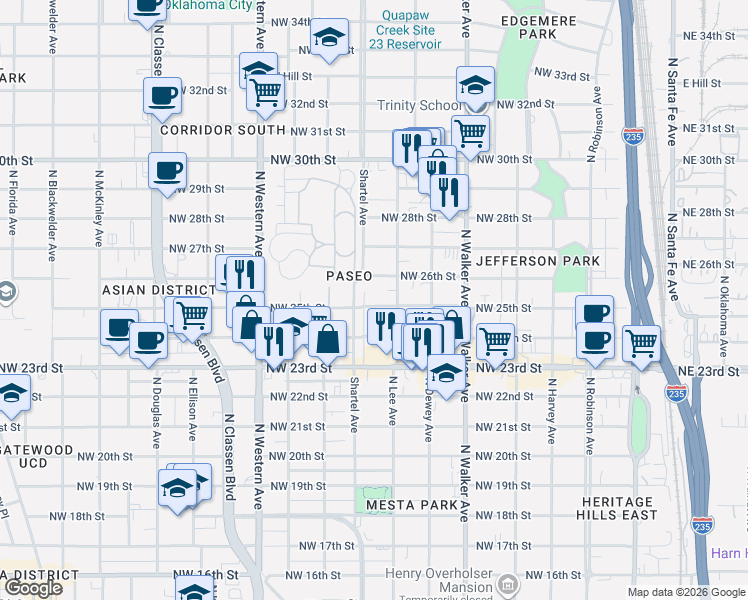 map of restaurants, bars, coffee shops, grocery stores, and more near 721 Northwest 25th Street in Oklahoma City
