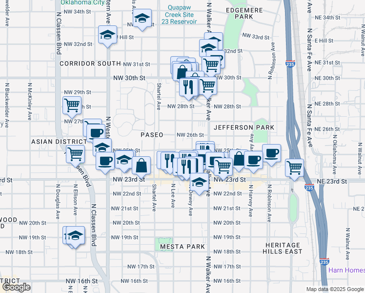 map of restaurants, bars, coffee shops, grocery stores, and more near 617 Northwest 25th Street in Oklahoma City