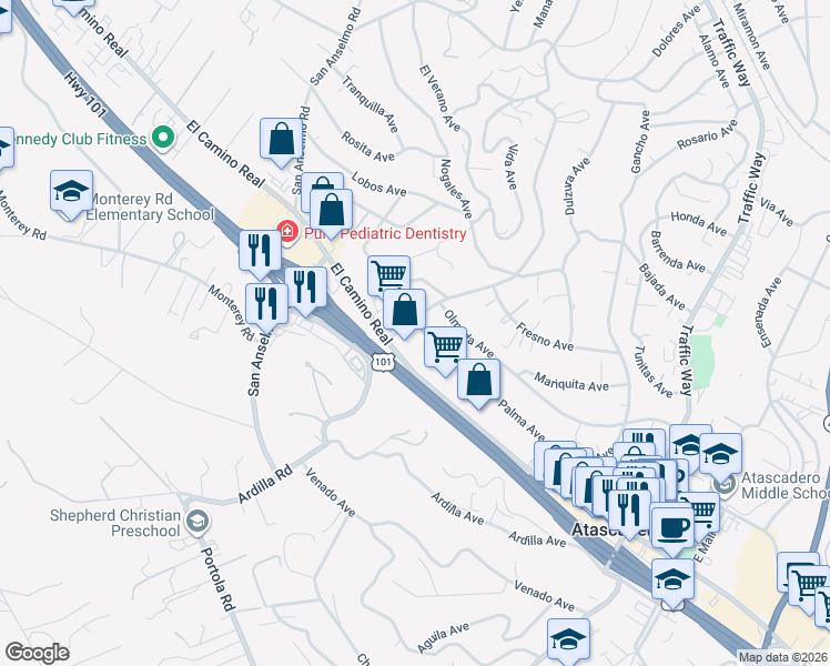 map of restaurants, bars, coffee shops, grocery stores, and more near 5005 Palma Avenue in Atascadero