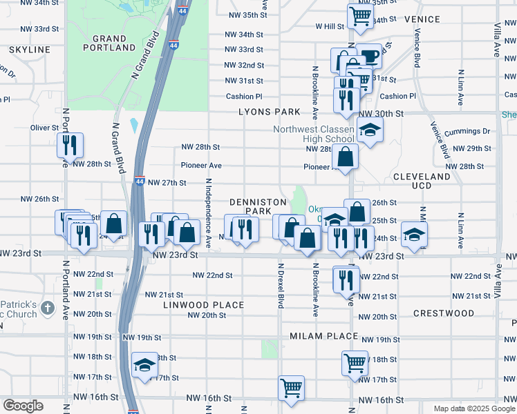 map of restaurants, bars, coffee shops, grocery stores, and more near 3144 Northwest 26th Street in Oklahoma City
