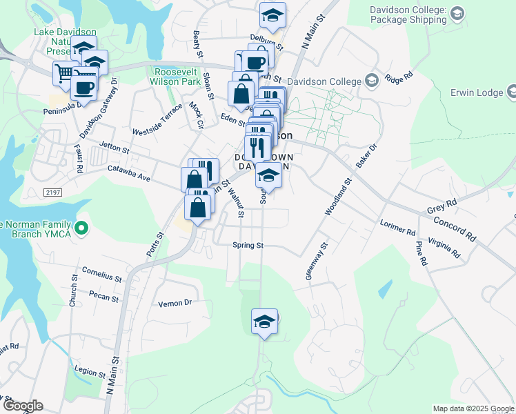 map of restaurants, bars, coffee shops, grocery stores, and more near 241 Walnut Street in Davidson