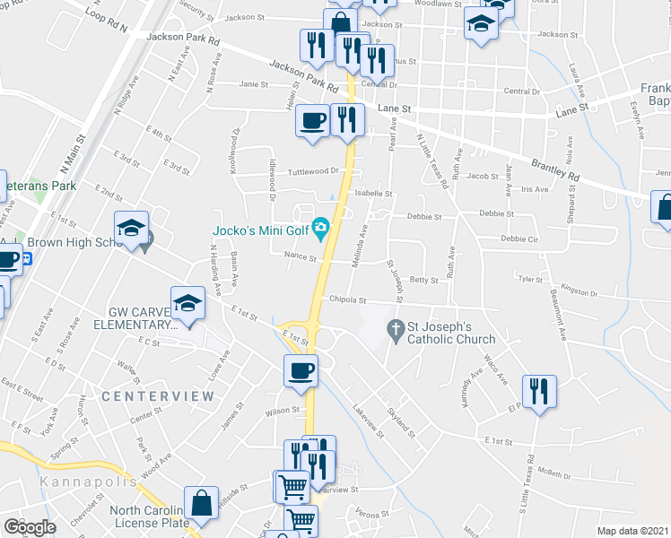 map of restaurants, bars, coffee shops, grocery stores, and more near 206 North Cannon Boulevard in Kannapolis