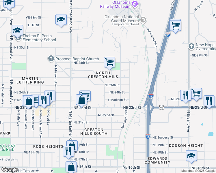 map of restaurants, bars, coffee shops, grocery stores, and more near 2205 Northeast 25th Street in Oklahoma City