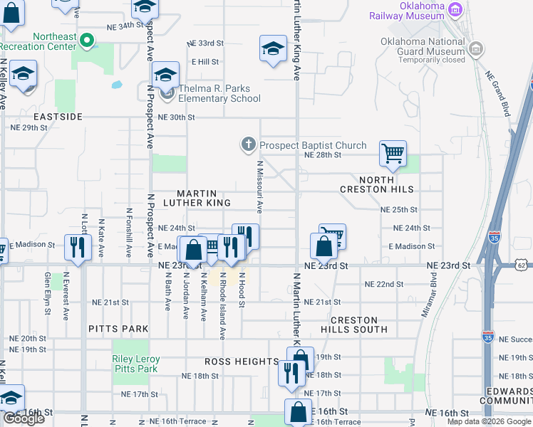 map of restaurants, bars, coffee shops, grocery stores, and more near 1845 Northeast 25th Street in Oklahoma City