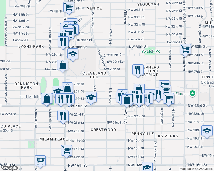 map of restaurants, bars, coffee shops, grocery stores, and more near 2625 Northwest 26th Street in Oklahoma City